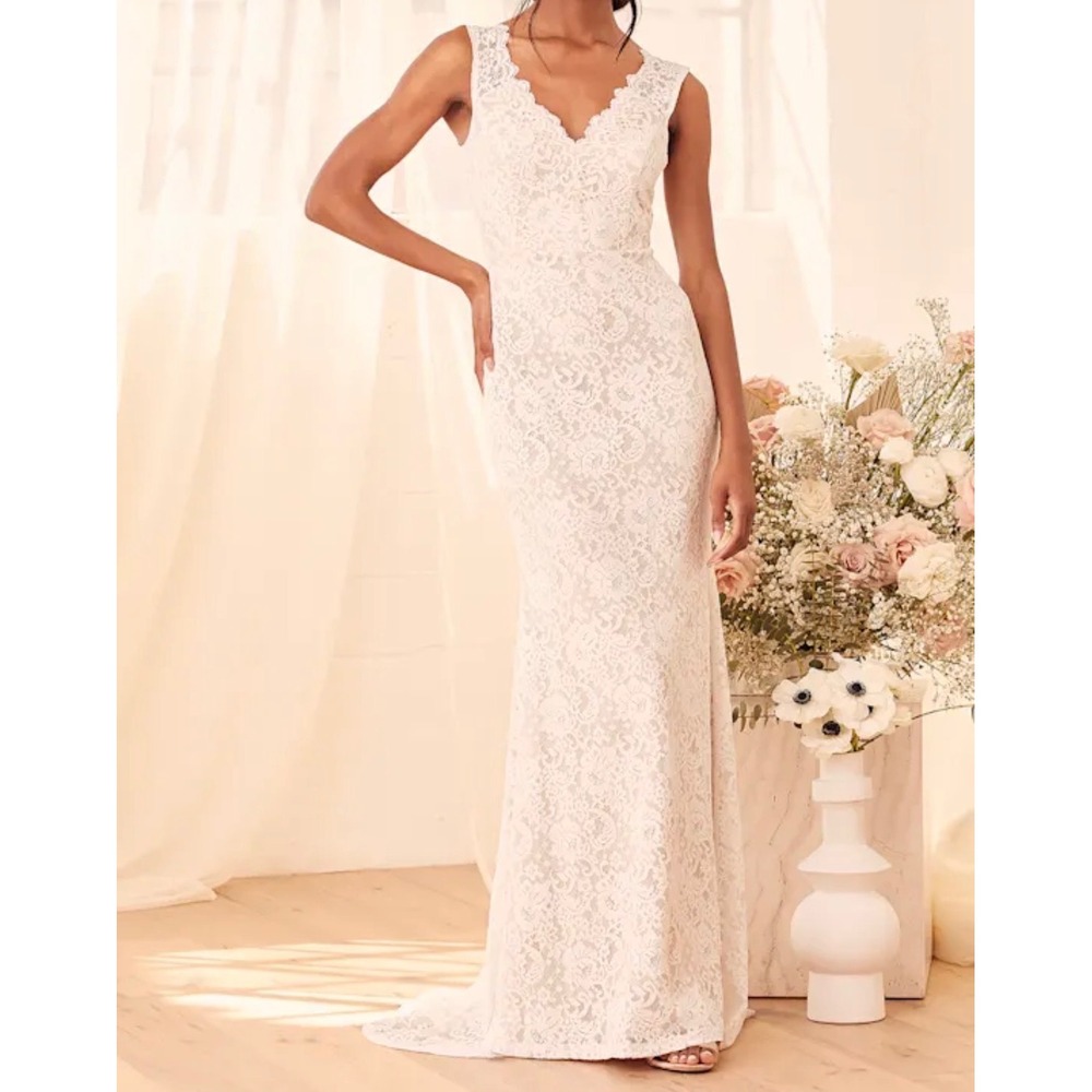 Lulus Spectacular Romance White Lace Sleeveless Mermaid Maxi Dress XS NWT